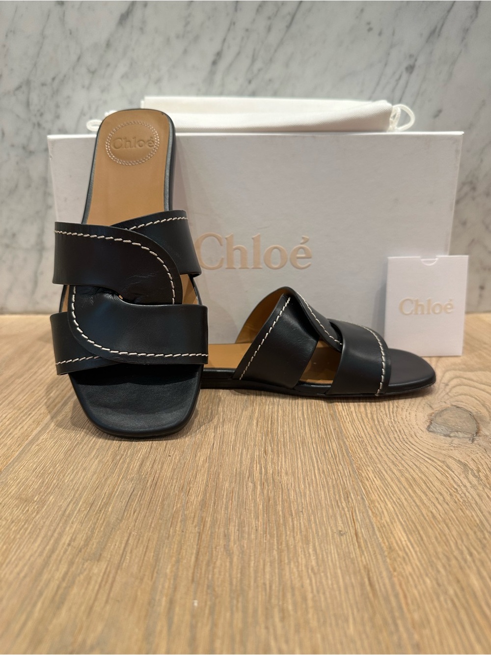 Chloe black leather slides